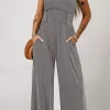 Clearance Dear-Lover Cinched Waist Sleeveless Wide Leg Jumpsuit Medium Grey