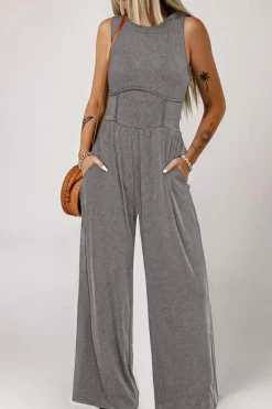 Clearance Dear-Lover Cinched Waist Sleeveless Wide Leg Jumpsuit Medium Grey