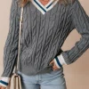 Hot Dear-Lover Color Contrast Ribbed Edge Cable Knit V Neck Sweater Medium Grey
