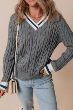 Hot Dear-Lover Color Contrast Ribbed Edge Cable Knit V Neck Sweater Medium Grey