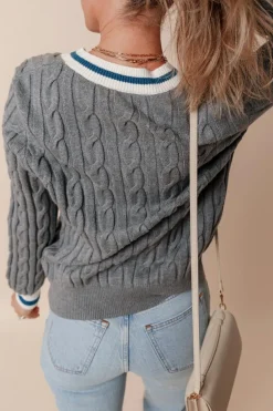 Hot Dear-Lover Color Contrast Ribbed Edge Cable Knit V Neck Sweater Medium Grey