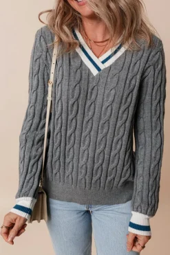 Hot Dear-Lover Color Contrast Ribbed Edge Cable Knit V Neck Sweater Medium Grey