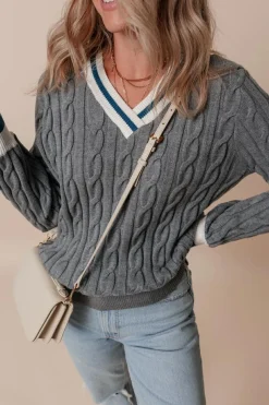 Hot Dear-Lover Color Contrast Ribbed Edge Cable Knit V Neck Sweater Medium Grey