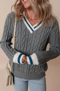 Hot Dear-Lover Color Contrast Ribbed Edge Cable Knit V Neck Sweater Medium Grey