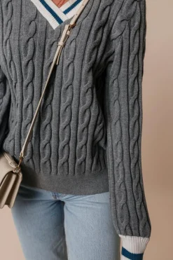Hot Dear-Lover Color Contrast Ribbed Edge Cable Knit V Neck Sweater Medium Grey