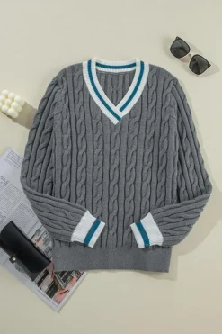 Hot Dear-Lover Color Contrast Ribbed Edge Cable Knit V Neck Sweater Medium Grey