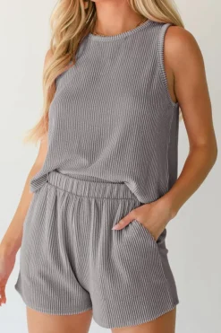 Discount Dear-Lover Corded Sleeveless Top and Pocketed Shorts Set Medium Grey