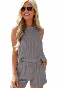 Discount Dear-Lover Corded Sleeveless Top and Pocketed Shorts Set Medium Grey