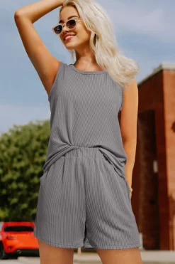 Discount Dear-Lover Corded Sleeveless Top and Pocketed Shorts Set Medium Grey