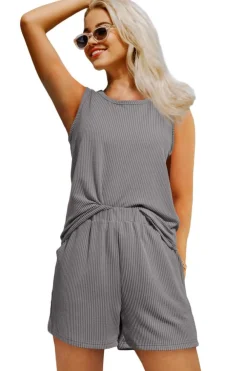 Discount Dear-Lover Corded Sleeveless Top and Pocketed Shorts Set Medium Grey