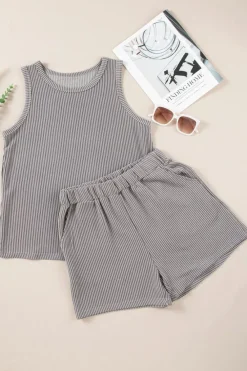 Discount Dear-Lover Corded Sleeveless Top and Pocketed Shorts Set Medium Grey