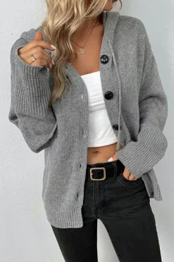 New Dear-Lover Drawstring Hooded Button Up Drop Shoulder Sweater Cardigan Medium Grey