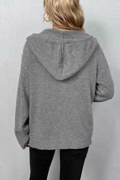 New Dear-Lover Drawstring Hooded Button Up Drop Shoulder Sweater Cardigan Medium Grey