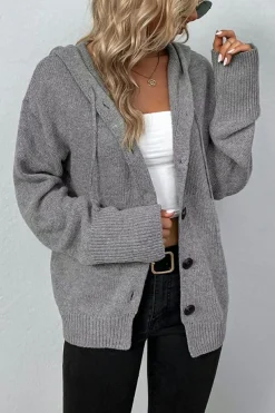 New Dear-Lover Drawstring Hooded Button Up Drop Shoulder Sweater Cardigan Medium Grey