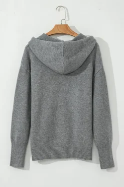 New Dear-Lover Drawstring Hooded Button Up Drop Shoulder Sweater Cardigan Medium Grey