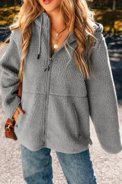 Hot Dear-Lover Fleece Zip Up Drawstring Hooded Pocketed Jacket Medium Grey