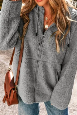 Hot Dear-Lover Fleece Zip Up Drawstring Hooded Pocketed Jacket Medium Grey