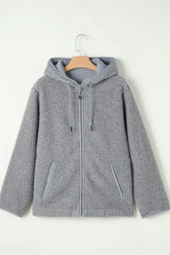Hot Dear-Lover Fleece Zip Up Drawstring Hooded Pocketed Jacket Medium Grey