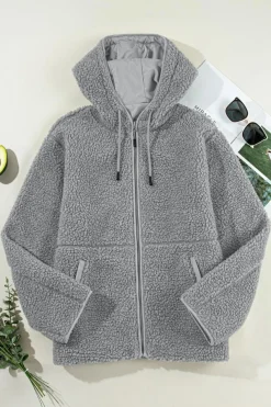 Hot Dear-Lover Fleece Zip Up Drawstring Hooded Pocketed Jacket Medium Grey
