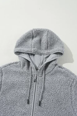 Hot Dear-Lover Fleece Zip Up Drawstring Hooded Pocketed Jacket Medium Grey