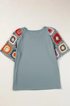 Hot Dear-Lover Floral Crochet Short Sleeve Top Medium Grey
