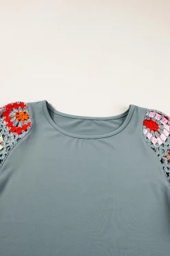 Hot Dear-Lover Floral Crochet Short Sleeve Top Medium Grey