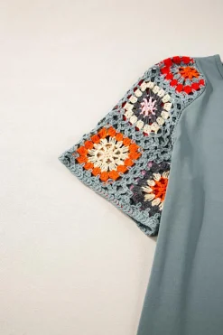Hot Dear-Lover Floral Crochet Short Sleeve Top Medium Grey