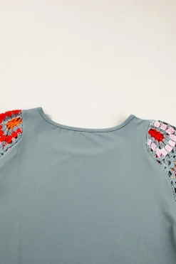 Hot Dear-Lover Floral Crochet Short Sleeve Top Medium Grey