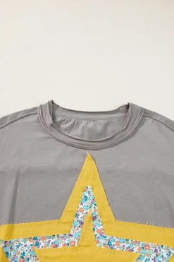 Clearance Dear-Lover Floral Starbust Exposed Seam Mineral Wash Top Medium Grey