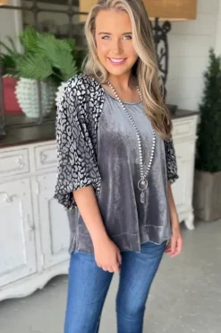Online Dear-Lover Leopard Splicing Lantern Sleeve Velvet Blouse Medium Grey