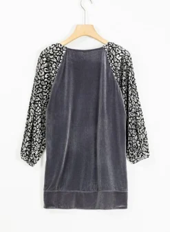 Online Dear-Lover Leopard Splicing Lantern Sleeve Velvet Blouse Medium Grey