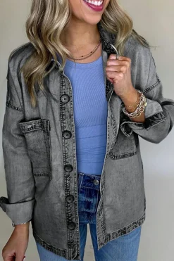 Discount Dear-Lover Mineral Wash Patched Pocket Split Denim Jacket Medium Grey