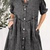 Outlet Dear-Lover Mineral Wash Ruffled Short Sleeve Buttoned Denim Dress Medium Grey