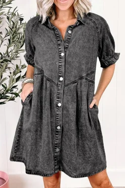 Outlet Dear-Lover Mineral Wash Ruffled Short Sleeve Buttoned Denim Dress Medium Grey