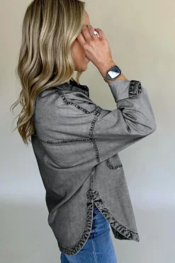 Discount Dear-Lover Mineral Wash Patched Pocket Split Denim Jacket Medium Grey