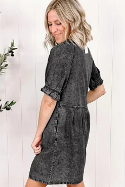 Outlet Dear-Lover Mineral Wash Ruffled Short Sleeve Buttoned Denim Dress Medium Grey