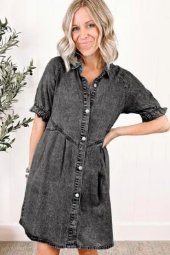 Outlet Dear-Lover Mineral Wash Ruffled Short Sleeve Buttoned Denim Dress Medium Grey