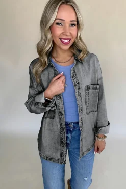 Discount Dear-Lover Mineral Wash Patched Pocket Split Denim Jacket Medium Grey