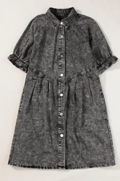 Outlet Dear-Lover Mineral Wash Ruffled Short Sleeve Buttoned Denim Dress Medium Grey