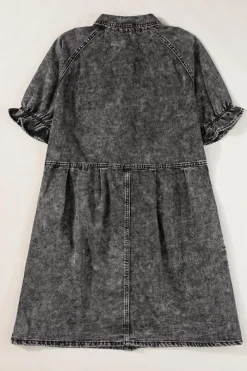 Outlet Dear-Lover Mineral Wash Ruffled Short Sleeve Buttoned Denim Dress Medium Grey