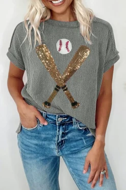 Discount Dear-Lover Sequin Baseball Pattern Corded Crewneck T Shirt Medium Grey