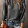 Sale Dear-Lover Solid Color 3/4 Sleeve Round Neck Blouse Medium Grey