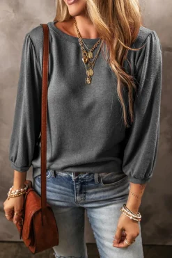 Sale Dear-Lover Solid Color 3/4 Sleeve Round Neck Blouse Medium Grey