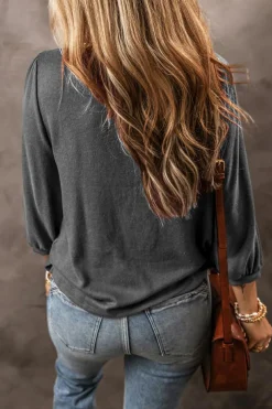 Sale Dear-Lover Solid Color 3/4 Sleeve Round Neck Blouse Medium Grey