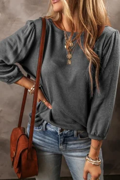 Sale Dear-Lover Solid Color 3/4 Sleeve Round Neck Blouse Medium Grey