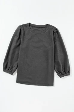 Sale Dear-Lover Solid Color 3/4 Sleeve Round Neck Blouse Medium Grey