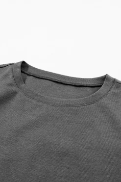 Sale Dear-Lover Solid Color 3/4 Sleeve Round Neck Blouse Medium Grey
