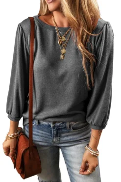 Sale Dear-Lover Solid Color 3/4 Sleeve Round Neck Blouse Medium Grey