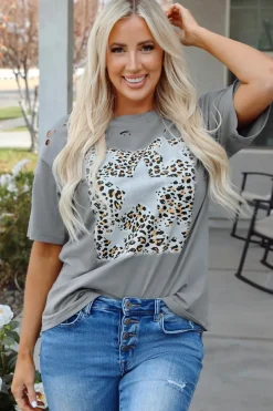 Clearance Dear-Lover Stars Leopard Graphic Distressed Tee Medium Grey