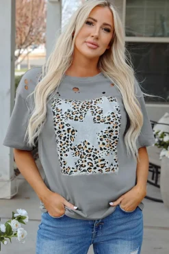 Clearance Dear-Lover Stars Leopard Graphic Distressed Tee Medium Grey
